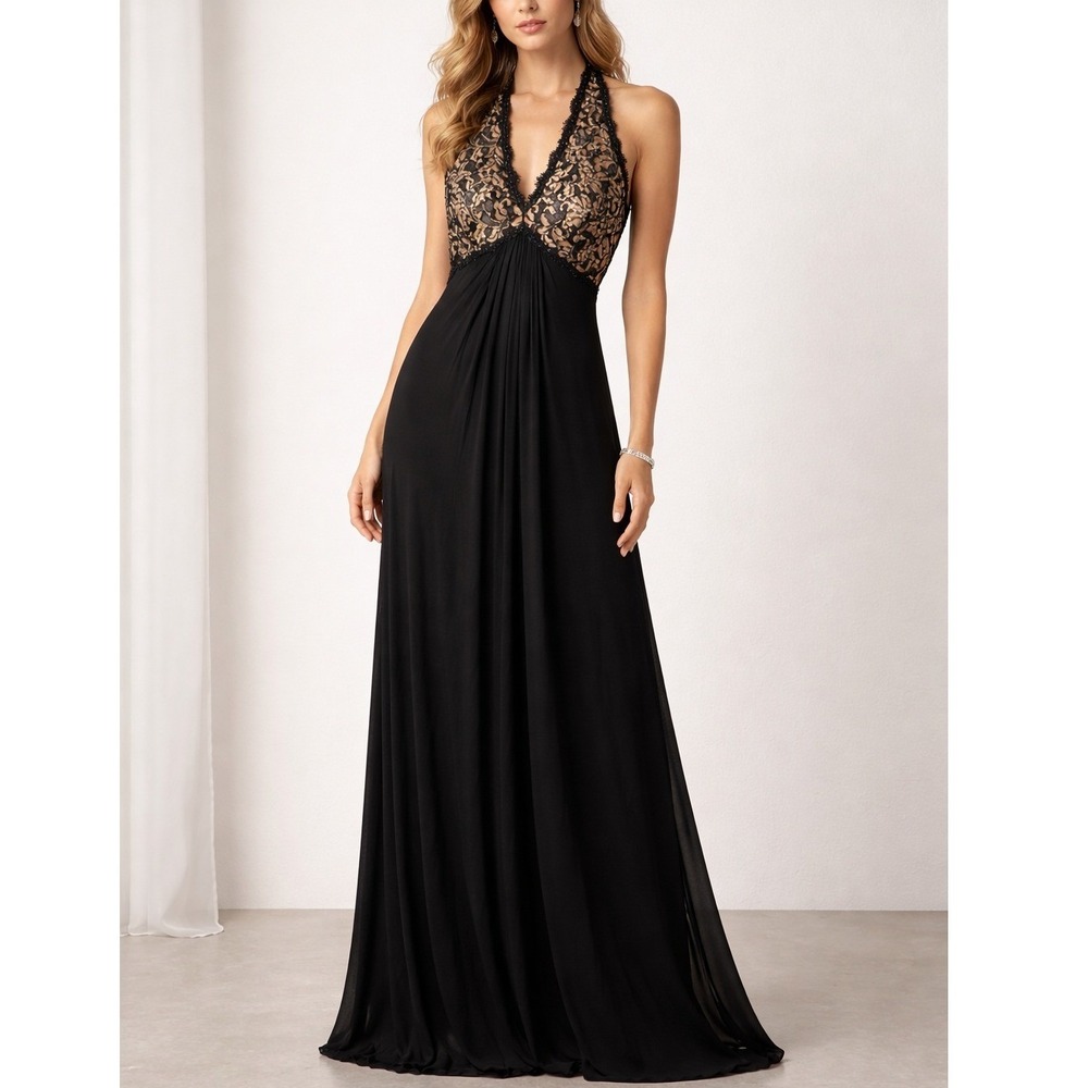 Tadashi Collection Black Lace Halter Neck Evening Gown Maxi Dress  Beaded US 8